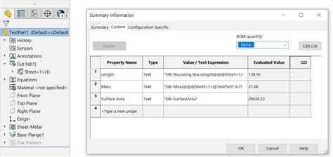 solidworks sheet metal properties list